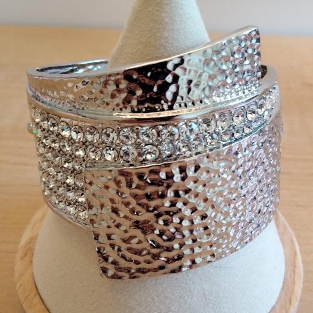 Silver Tone Wide Bangle Cuff Bracelet with Rhinestones